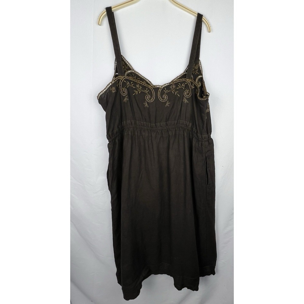 J.CREW Brown 100% Linen Embroidered Slip Dress Women 16 Boho Peasant Pockets - Picture 7 of 14